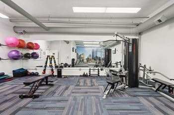 A gym with a variety of equipment including a bench, and a weight rack.